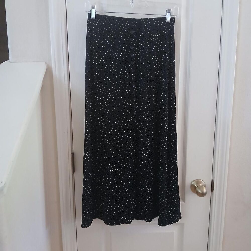 Vintage Y2K JM Collection Black White Green Polka Dot Maxi Skirt S Retro 90s
